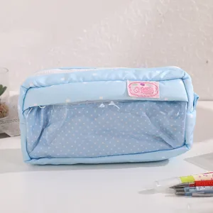 Blue polka dot clear window pencil case detail, large capacity student stationery bag.