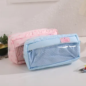 Cute aesthetic transparent window pencil case, large capacity canvas polka dot pouch for students.