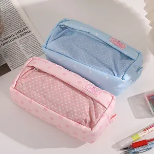 Cute polka dot pencil case with clear window, large capacity stationery storage box for students.