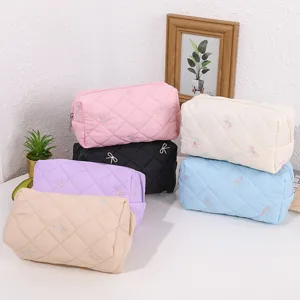 Diamond Quilted Polyester Cosmetic Bag With Embroidered Bowknot Portable Large Capacity Travel Makeup Organizer Pouch For Women