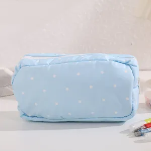 Light blue polka dot pencil case, cute square storage pouch with smooth white zipper.