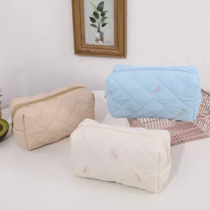 Quilted bow cosmetic bag detail, stylish portable travel makeup pouch set for daily use.