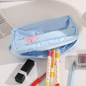 Cute blue polka dot pencil case with transparent window large capacity stationery pouch
