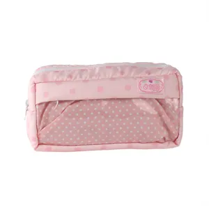 Pink polka dot pencil pouch with clear window for student stationery storage cute design