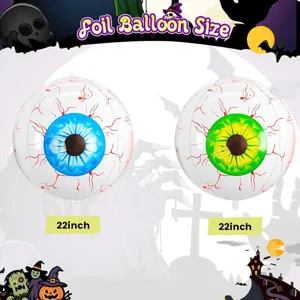 Detail view of 22-inch Halloween eyeball foil balloons with blue and green iris designs.