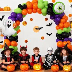 Halloween balloon arch kit with ghost and eyeball foil balloons for party decorations.