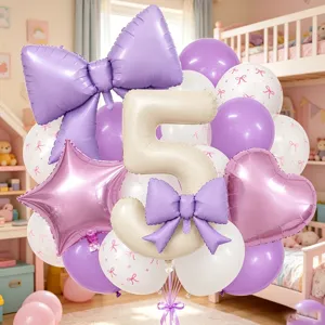 Detailed view of pastel bow number balloon and star heart balloon cluster for party decoration.