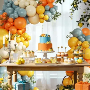 Detail view of boho balloon arch kit featuring blue orange balloons and dessert table decor.