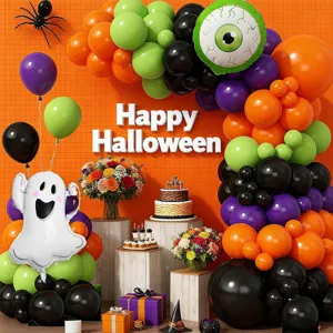 Halloween orange green balloon arch kit with ghost and eyeball foil balloons for party decor.