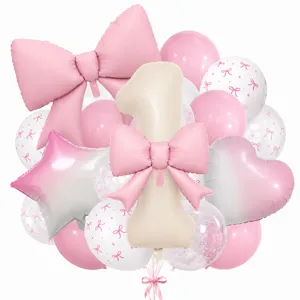 Cream bow number balloon set for baby first birthday party decoration and celebration use.