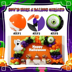 Halloween balloon garland assembly tutorial detail showing step by step guide for party.