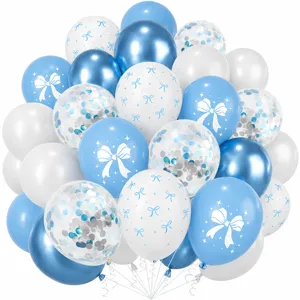 Close-up of blue white confetti balloons with bow print for party decoration details