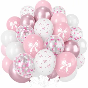 Pink and white balloon set with bow prints and confetti, ideal for party decoration.