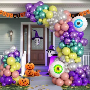 Halloween balloon arch kit with purple green balloons giant eyeballs skeletons for party decor