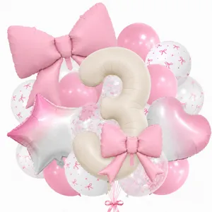 Cream pink bow number 3 balloon set luxury baby birthday party decoration supplies