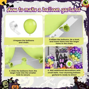 Halloween balloon garland assembly guide kit with green balloons and chain backdrop.