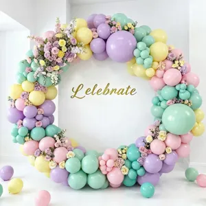 Lente pastel ballonboog kit met bloemdecoratie voor verjaardagsfeestje achtergrond.