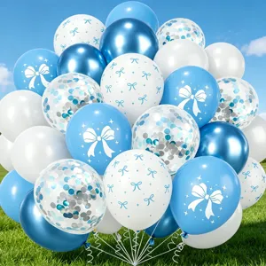 Blue and white bow printed confetti balloon set for birthday party decorations detail.