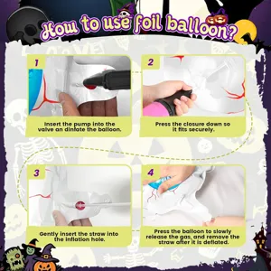 Halloween foil balloon instruction guide image showing inflation and deflation steps.