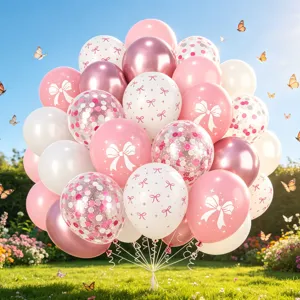 Close-up of luxury bow print and confetti balloon set in garden party scene decoration.