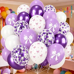 Purple and white balloon arch kit with bow print and confetti balloons for birthday party decoration