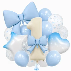 Luxury bow number balloon set for baby first birthday party decoration blue and white theme