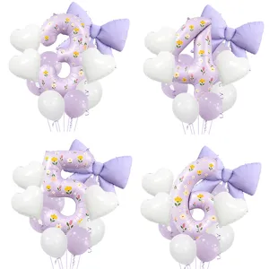 Kit de Ballons en Aluminium Nœud Papillon Violet Numéro Fleur pour Décoration d'Anniversaire