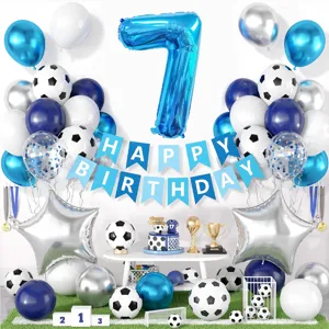 Set di decorazioni per feste di compleanno con palloncini foil blu e striscione.