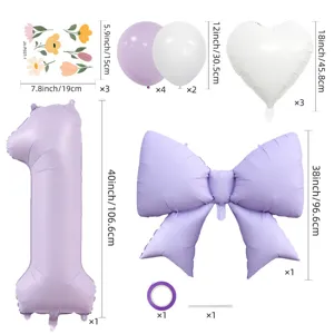 Vue détaillée du set de ballons chiffre nœud violet, montrant dimensions et accessoires.