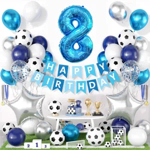 Set decorazioni compleanno calcio blu con palloncino numero 8, festone e palloncini.