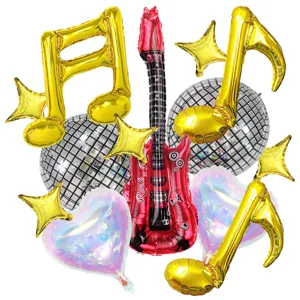 Rock guitar and musical note foil balloon set for disco party and birthday decoration.