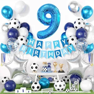 Set palloncini compleanno calcio blu con palloncino alluminio numero 9 e festone decorazione
