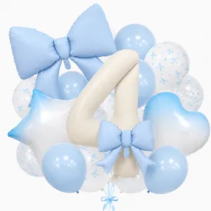 Detailed close-up view of the luxury cream bow number 4 balloon set for birthday parties.