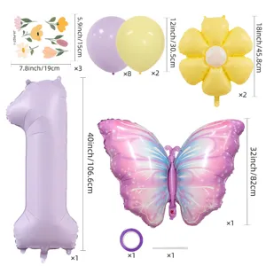 Spring purple daisy butterfly sticker number balloon set for baby shower birthday party decor
