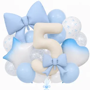 Detail view of cream bow number 5 balloon set, perfect for baby birthday party decoration.