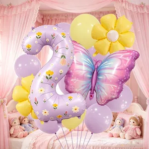 Spring purple floral butterfly number balloon set for baby shower birthday party decor.