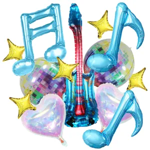 Rock guitar music note foil balloons set for disco party birthday decoration and festival atmosphere.