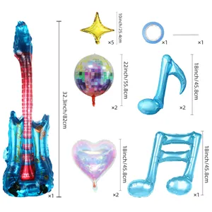 Rock guitar note foil balloon set with disco ball and star for birthday party decor