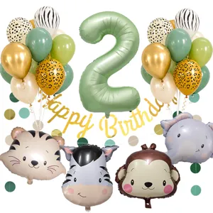Vista dettagliata del set di palloncini decorativi per feste a tema giungla con animali e numero 2.