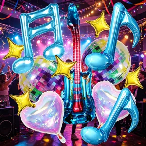 Detail view of rock guitar and music note foil balloons, perfect for disco party decor.