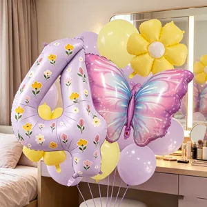 Spring purple daisy butterfly number balloon set for birthday party and baby shower decor