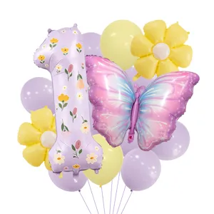 Spring theme 1st birthday balloon set with purple number one butterfly and daisy foil balloons