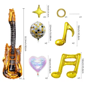 Rock music theme aluminum foil balloon set component details and sizing display graph.