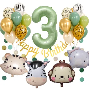 Set di palloncini animali della giungla con palloncino foil numero 3 verde per compleanno