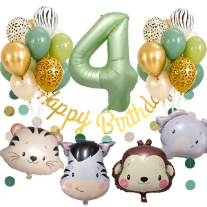 Set di palloncini animali della giungla con numero 4 e palloncini verdi retro per compleanno