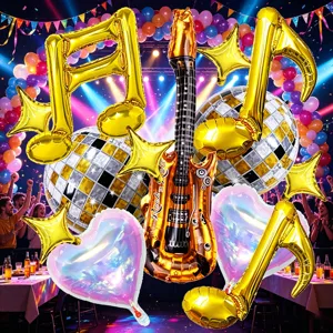 Disco party balloon set including rock guitar musical notes and foil balloons for birthday decor