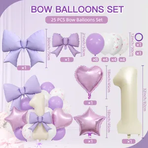 Bow balloon set with number 1, large bows and pastel purple decorations for birthday party.