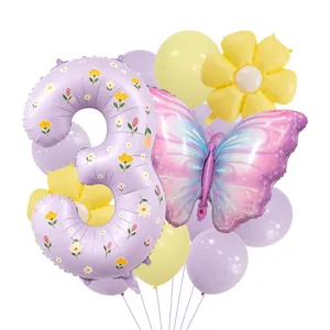 Spring purple floral number 3 foil balloon set with butterfly and daisy for birthday party decor