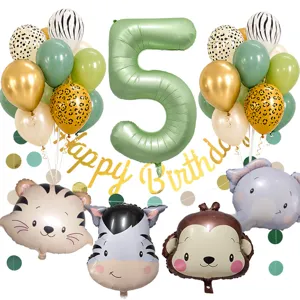 Set di palloncini per compleanno tema giungla verde retro con numero 5 e simpatici animali.