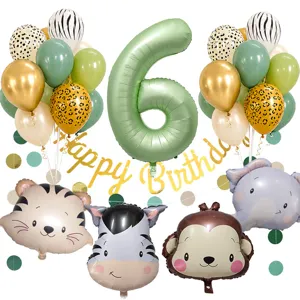 Set di pallonetti compleanno giungla con numero verde retro e simpatici animali carini.